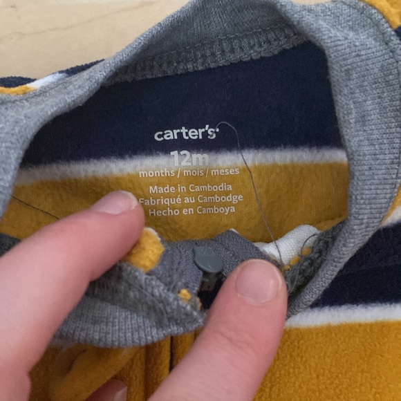 Carter’s mustard and navy fleece striped onesie - 12 months - Picture 2 of 2